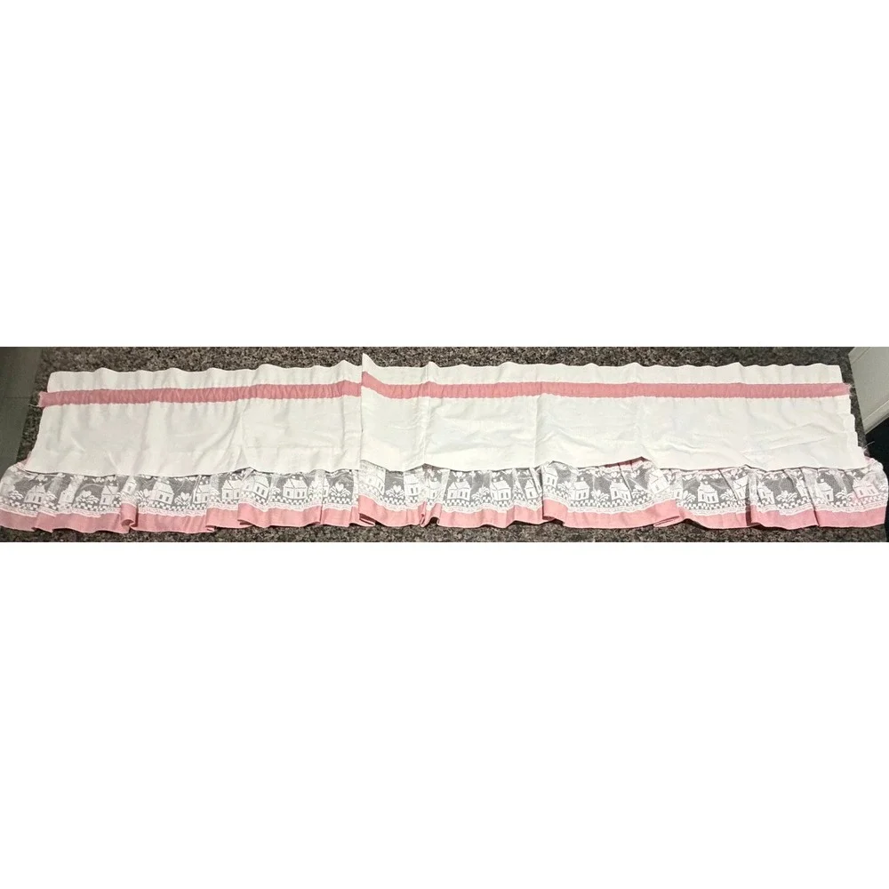 Vintage Cottage Core Window Valance White Pink Lace House Heart Motif 60x15.5